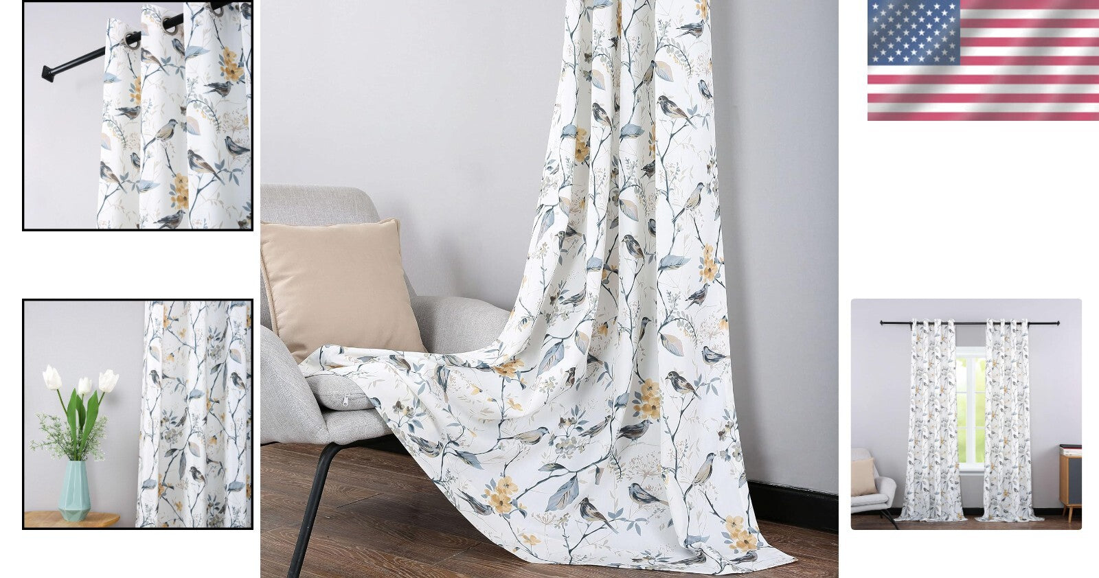 Beautiful Birds & Branches Grey Curtains - Pack of 2 for Modern Farmhouse