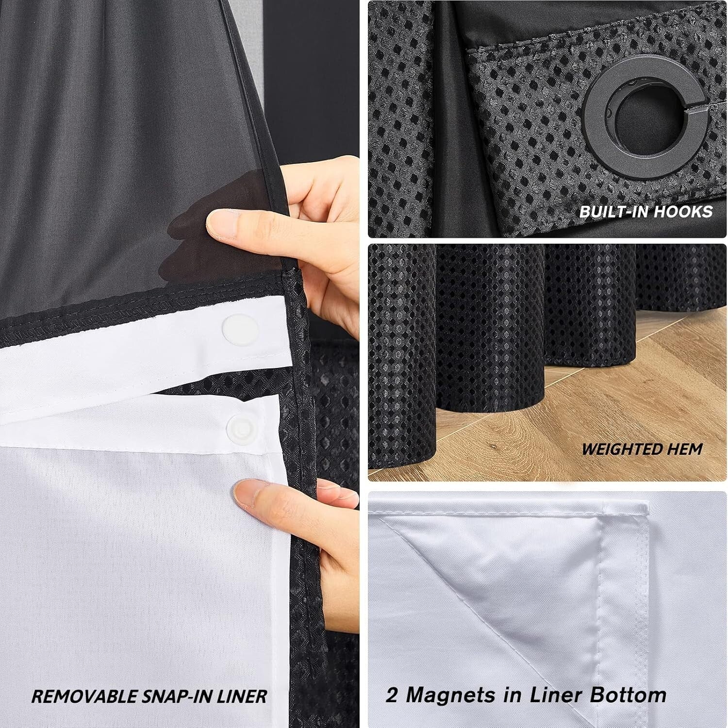 Luxury Black Shower Curtain with Mesh Top & Removable Liner – 96 Inch Length