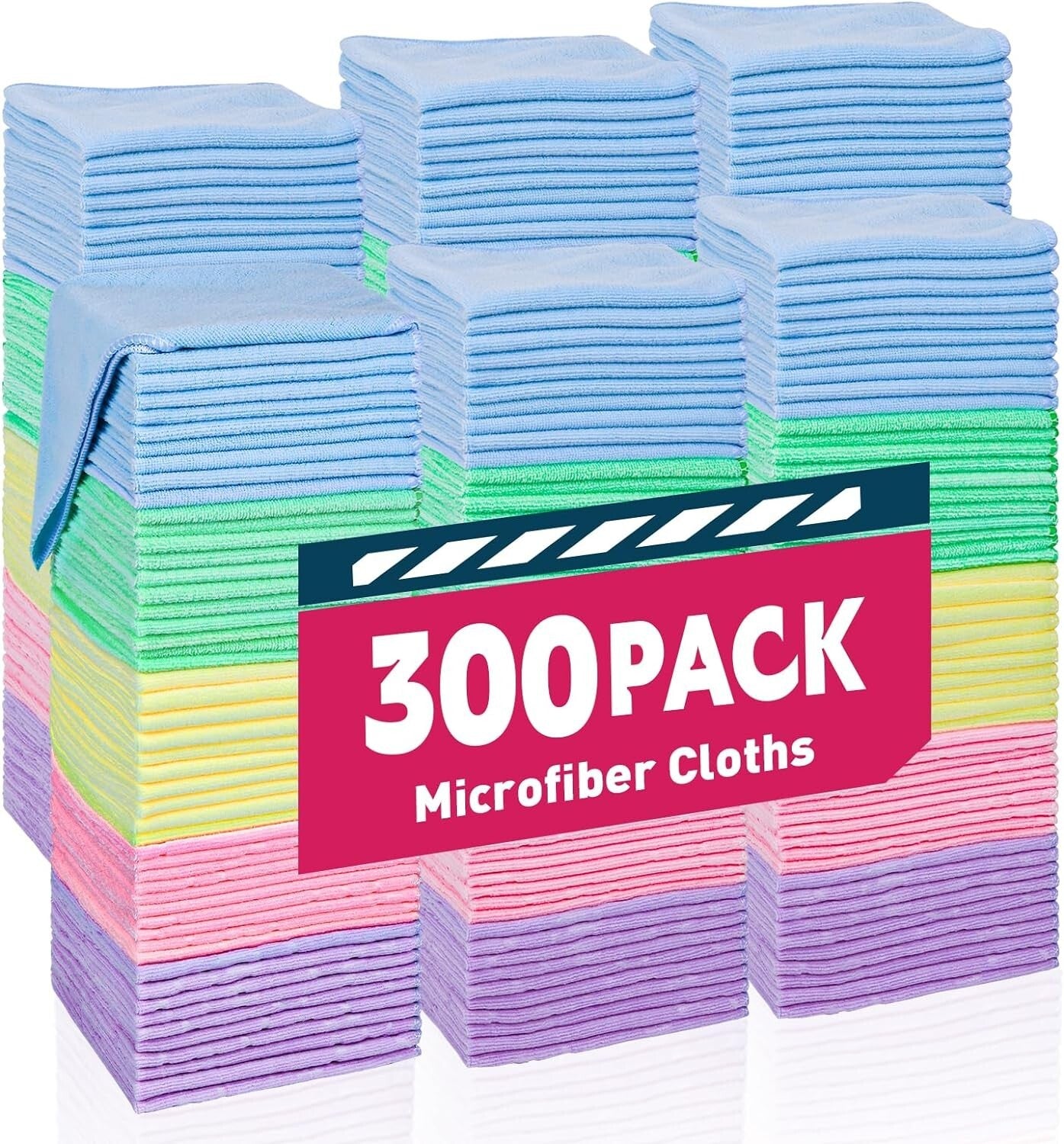Eco-Friendly 300 Pack Microfiber Towels, Reusable Cleaning Cloths in 5 Colors