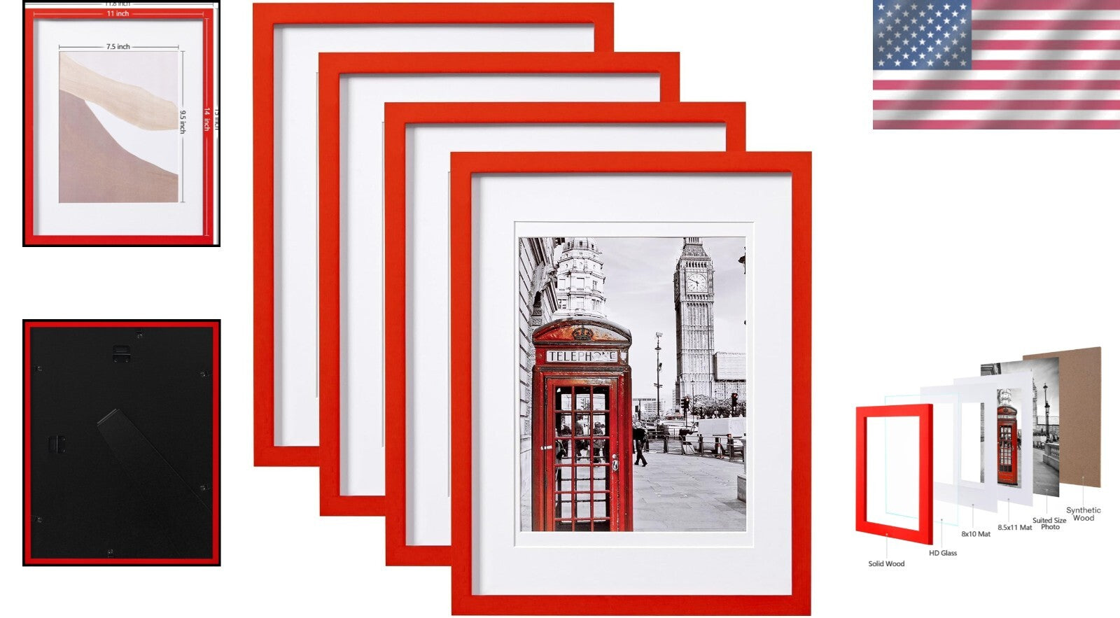 Chic 4-Pack 11x14 Picture Frames with Real Glass & Easy Display - Red Finish