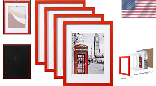 Chic 4-Pack 11x14 Picture Frames with Real Glass & Easy Display - Red Finish