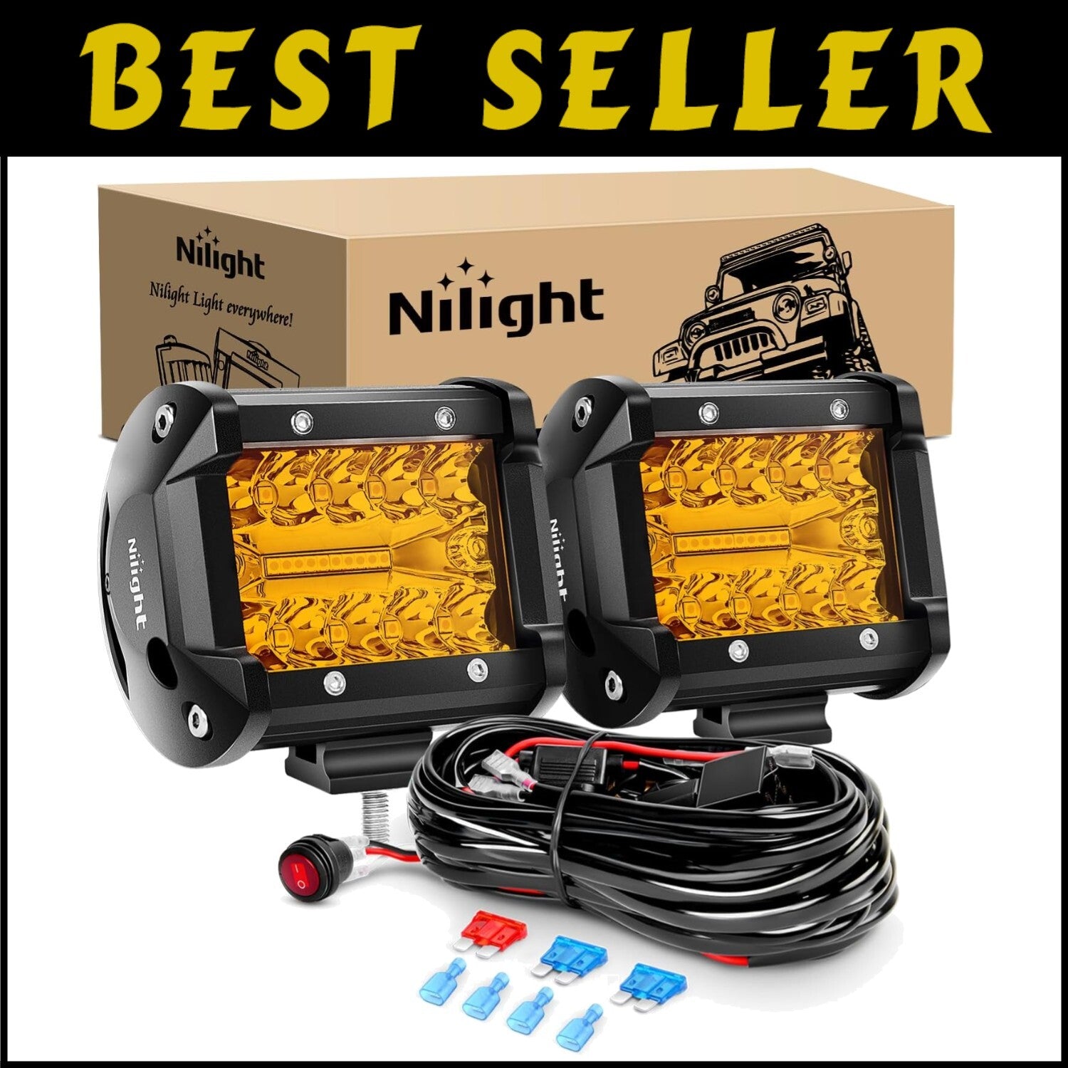 Rugged 4-Inch Amber LED Flood Spot Pods - Dual Beam Light with Harness