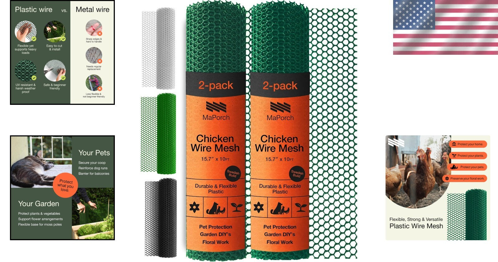 Weatherproof Chicken Wire Fencing - 2 Pack, 15.71" x 10ft for Pets & Gardens
