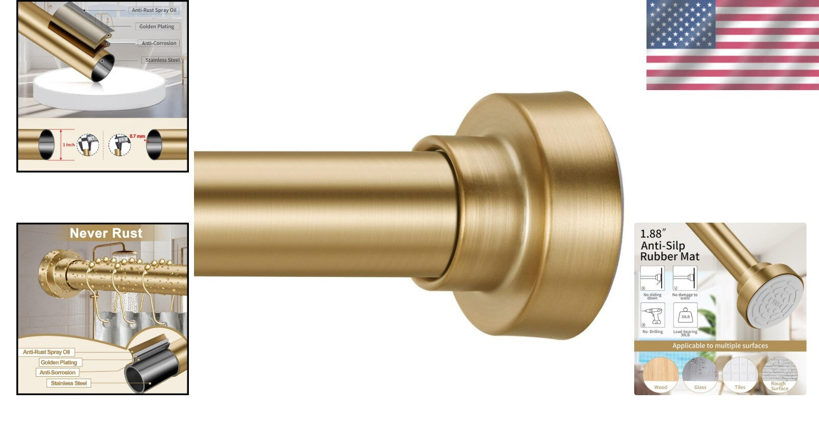 Versatile Gold Tension Shower Rod 34-96 Inches - Ideal for Bathrooms or Kitchens