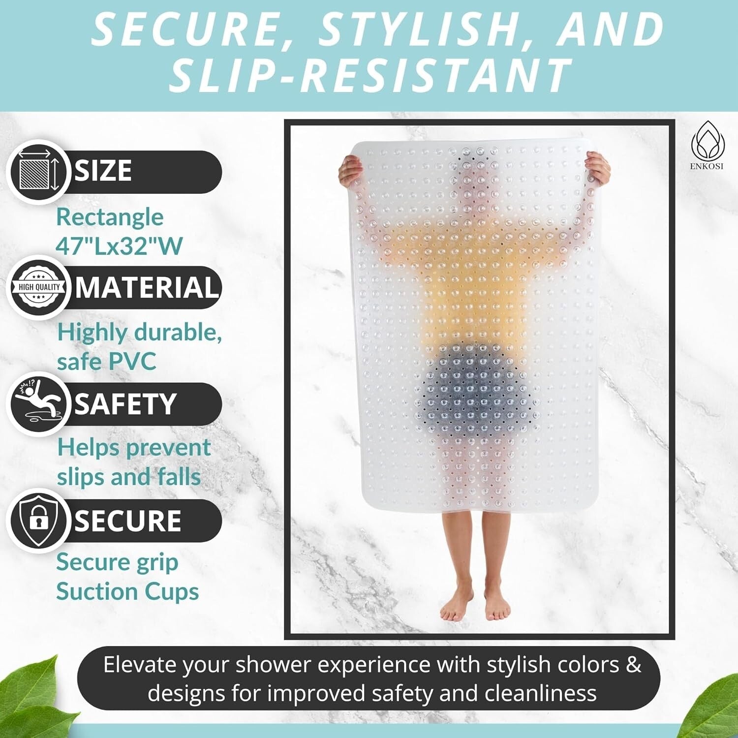 XL 47x32 Non-Slip Shower Mat for Families - Safety Suction Cups & Easy Drainage