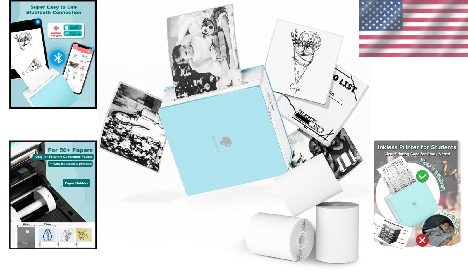 Cyan Mini Bluetooth Sticker Printer - Thermal Print Pods with 3 Paper Rolls