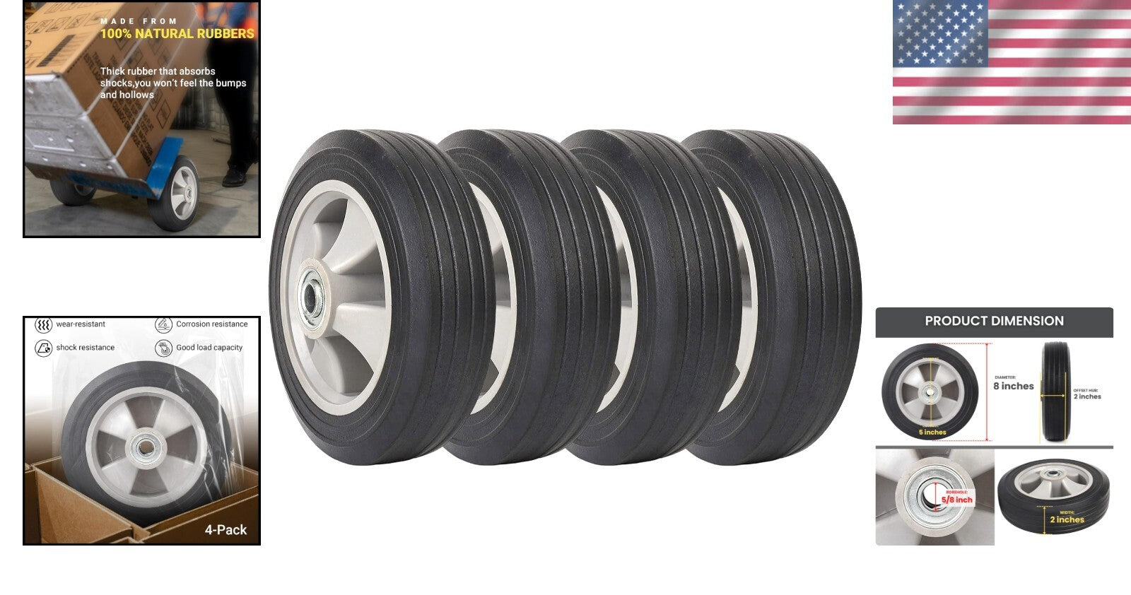 4-Pack Solid Rubber Tires 8" x 2" - Reliable, Heavy-Duty Replacement for Your...
