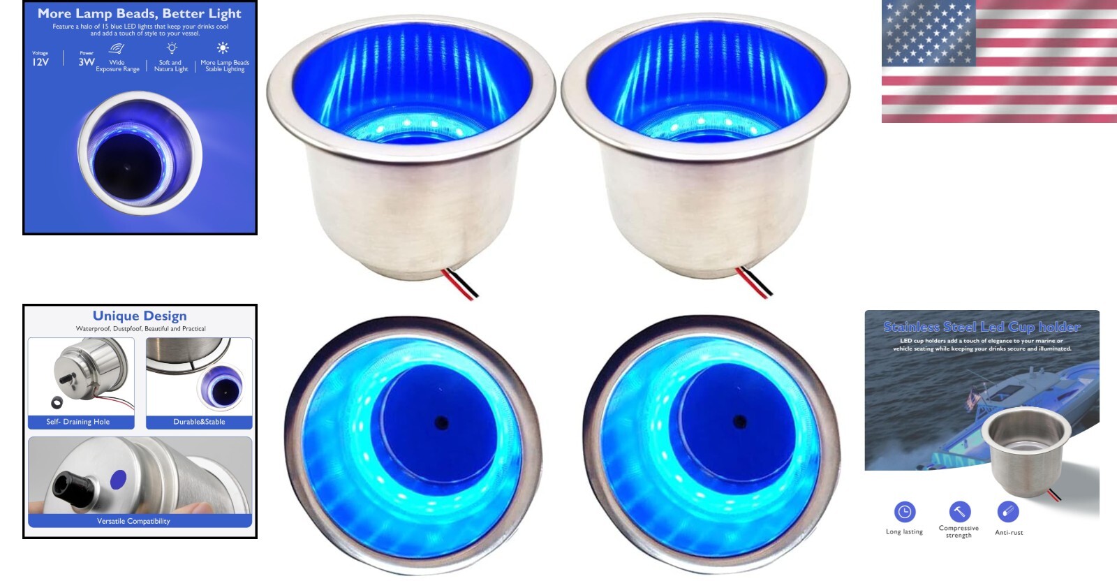 Universal Stainless Steel Marine Cup Holders with LED Lights - Perfect for Boats
