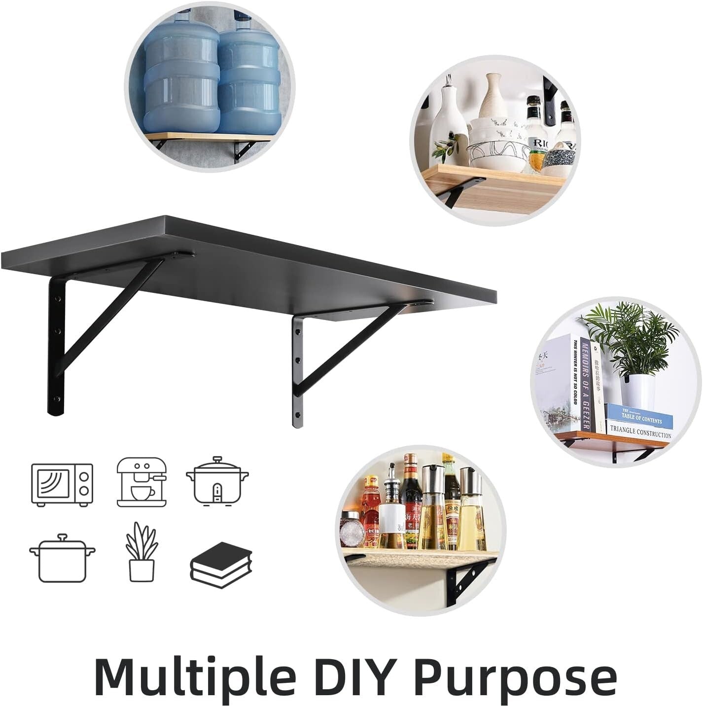 Durable Black Steel Shelf Brackets, 10-Pack 12" x 8" Heavy Duty 600 lb Support