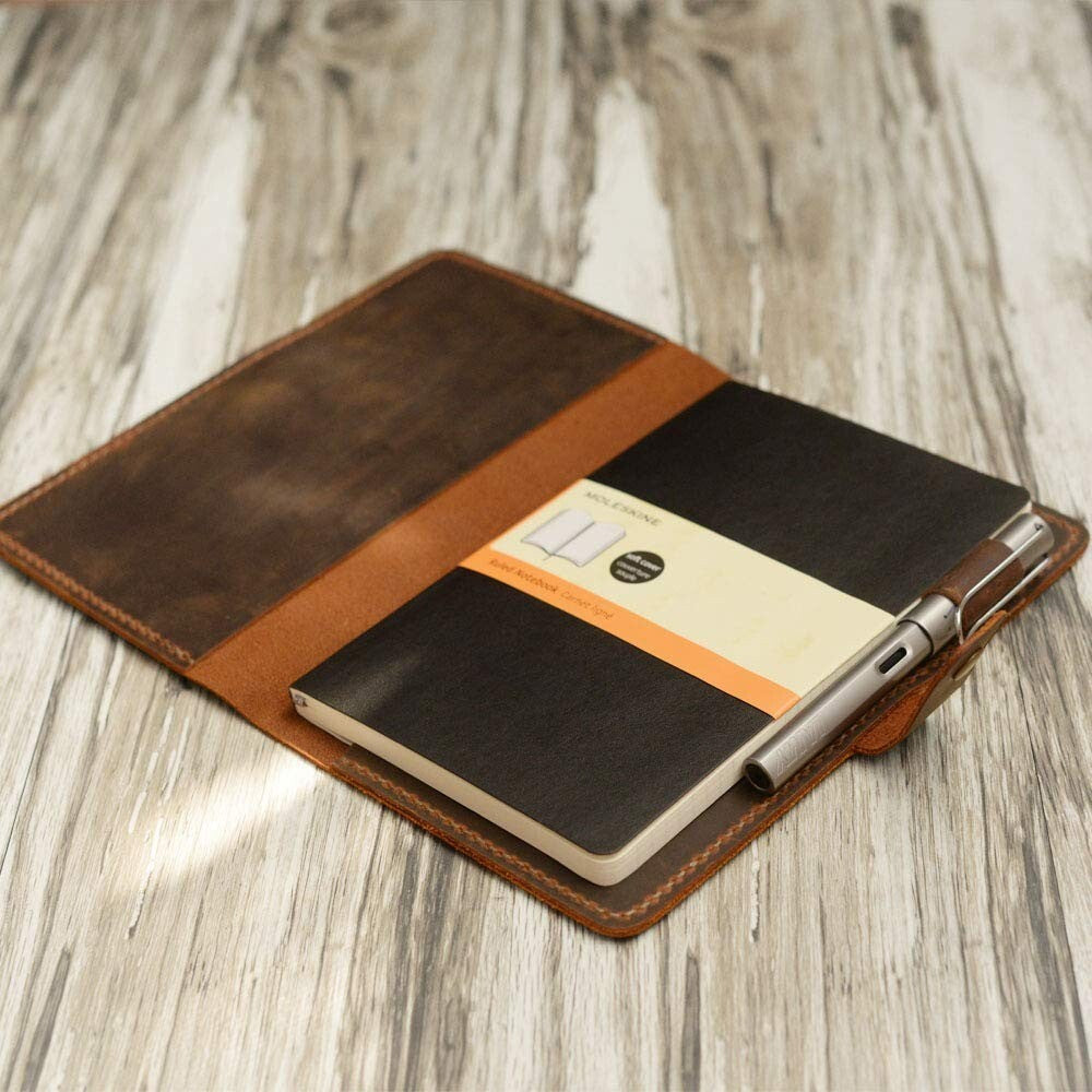 Elegant 5 x 8.25" Leather Portfolio Cover for Moleskine Journals - Aged Finish