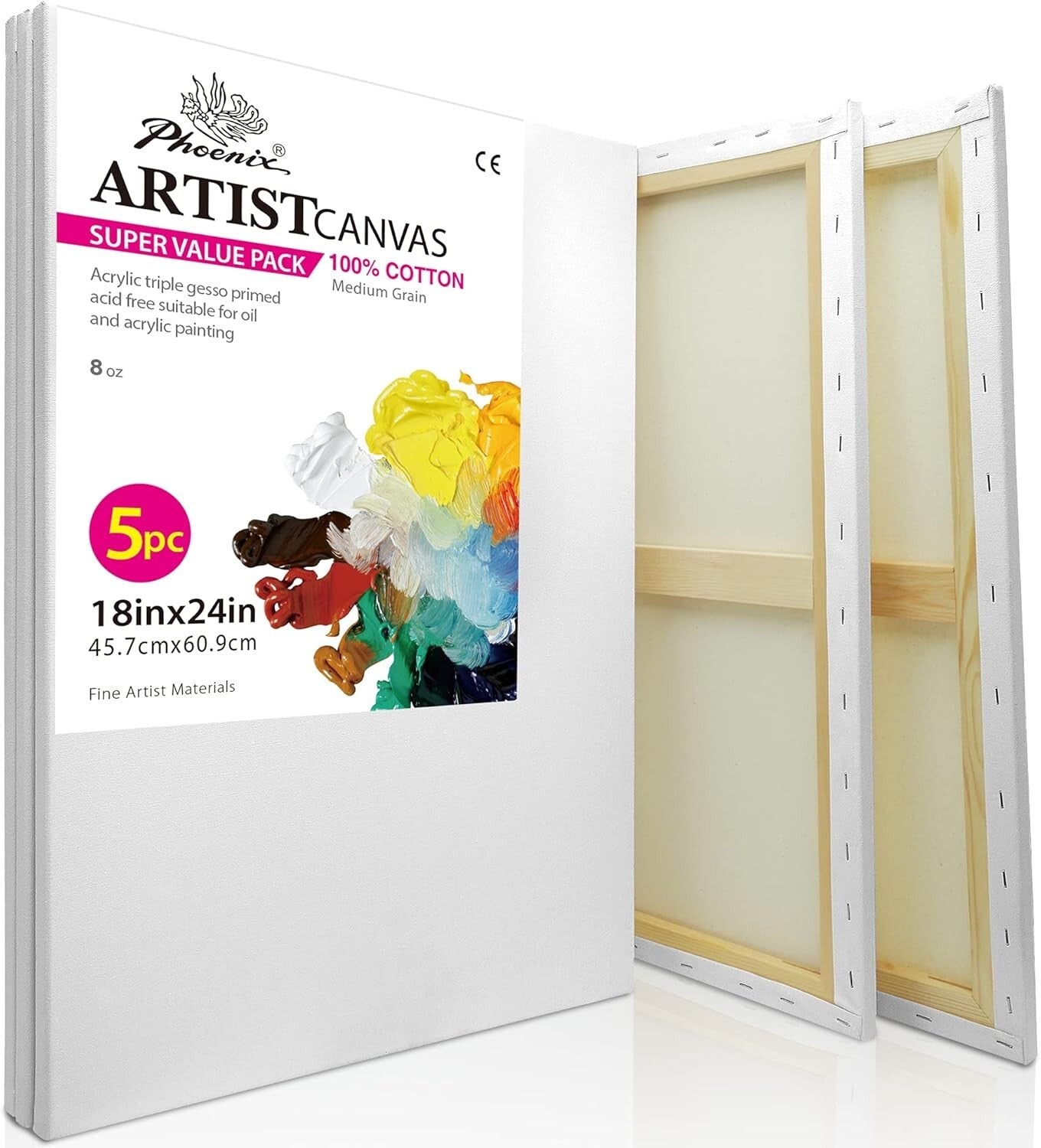 18x24 Inch Cotton Canvas Set: 5 Pack of Triple Primed, Ideal for Oil & Acrylic