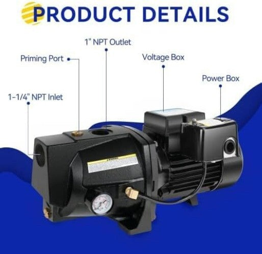 Durable 1HP Cast Iron Shallow Well Pump with 180ft Lift & Auto Pressure Switch