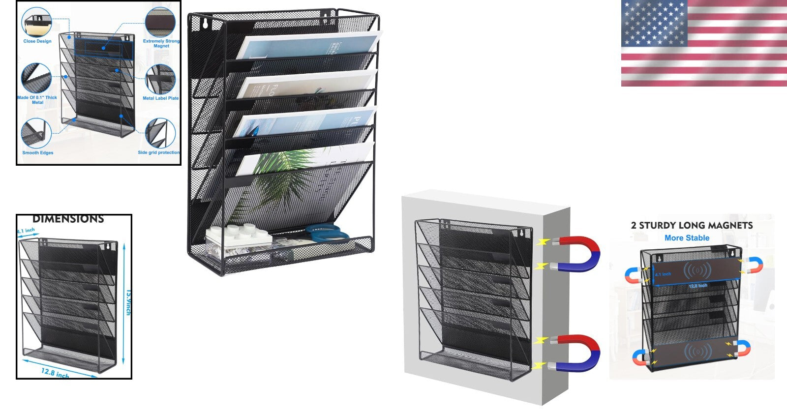 6-Tier Magnetic Wall-Mounted File Organizer - Stylish Black & Space-Saving