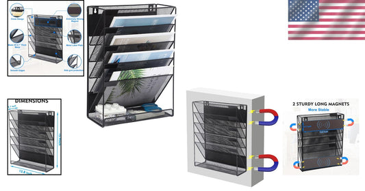 6-Tier Magnetic Wall-Mounted File Organizer - Stylish Black & Space-Saving