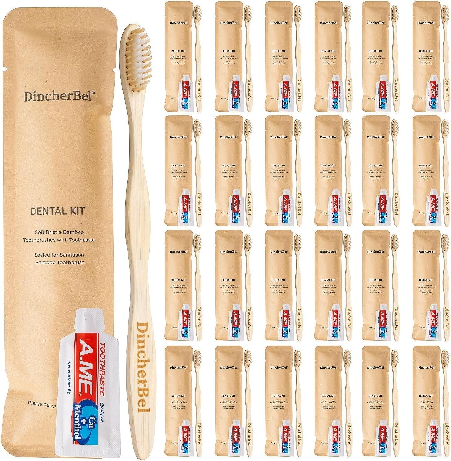 Biodegradable Travel Toothbrush Kit - 50 Disposable Bamboo Brushes & Toothpaste