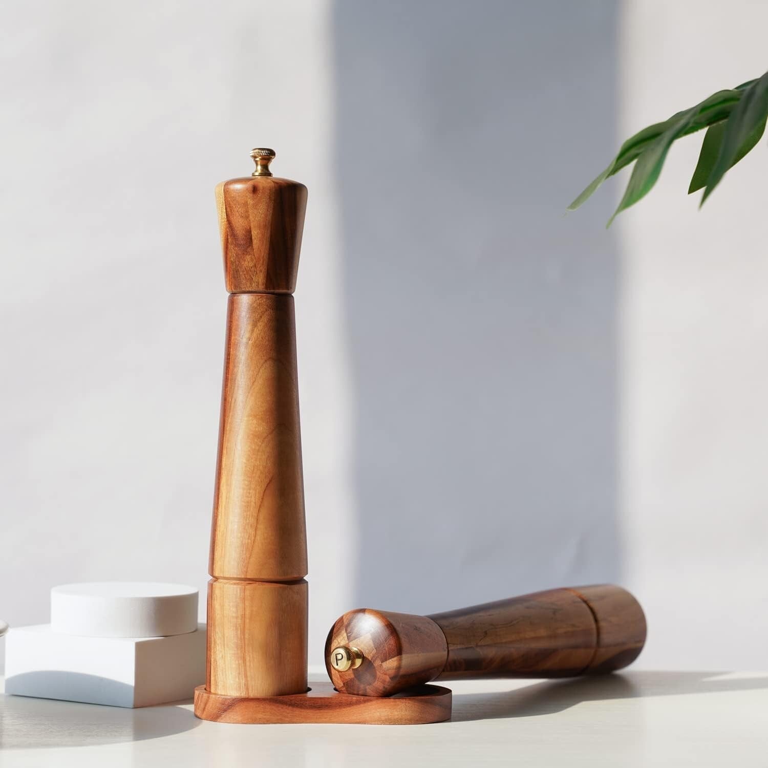 Elegant Acacia Wood Salt and Pepper Grinder Set with Adjustable Ceramic Mill