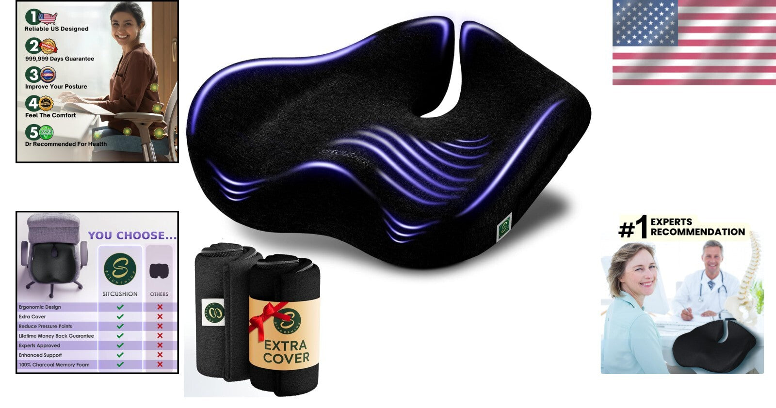 Ergonomic X-Large Memory Foam Seat Cushion for Tailbone Pain Relief & Support