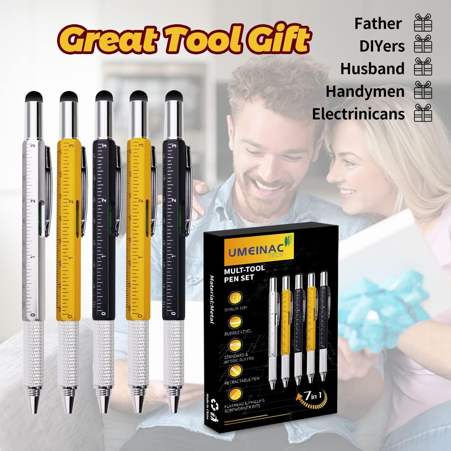 7 in 1 Multitool Tech Pen Set - Gift-Ready 5 Pack for Men, Dads & Colleagues