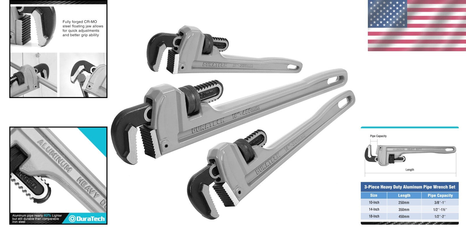 Professional 3-Piece Aluminum Pipe Wrench Set - Durable & Lightweight