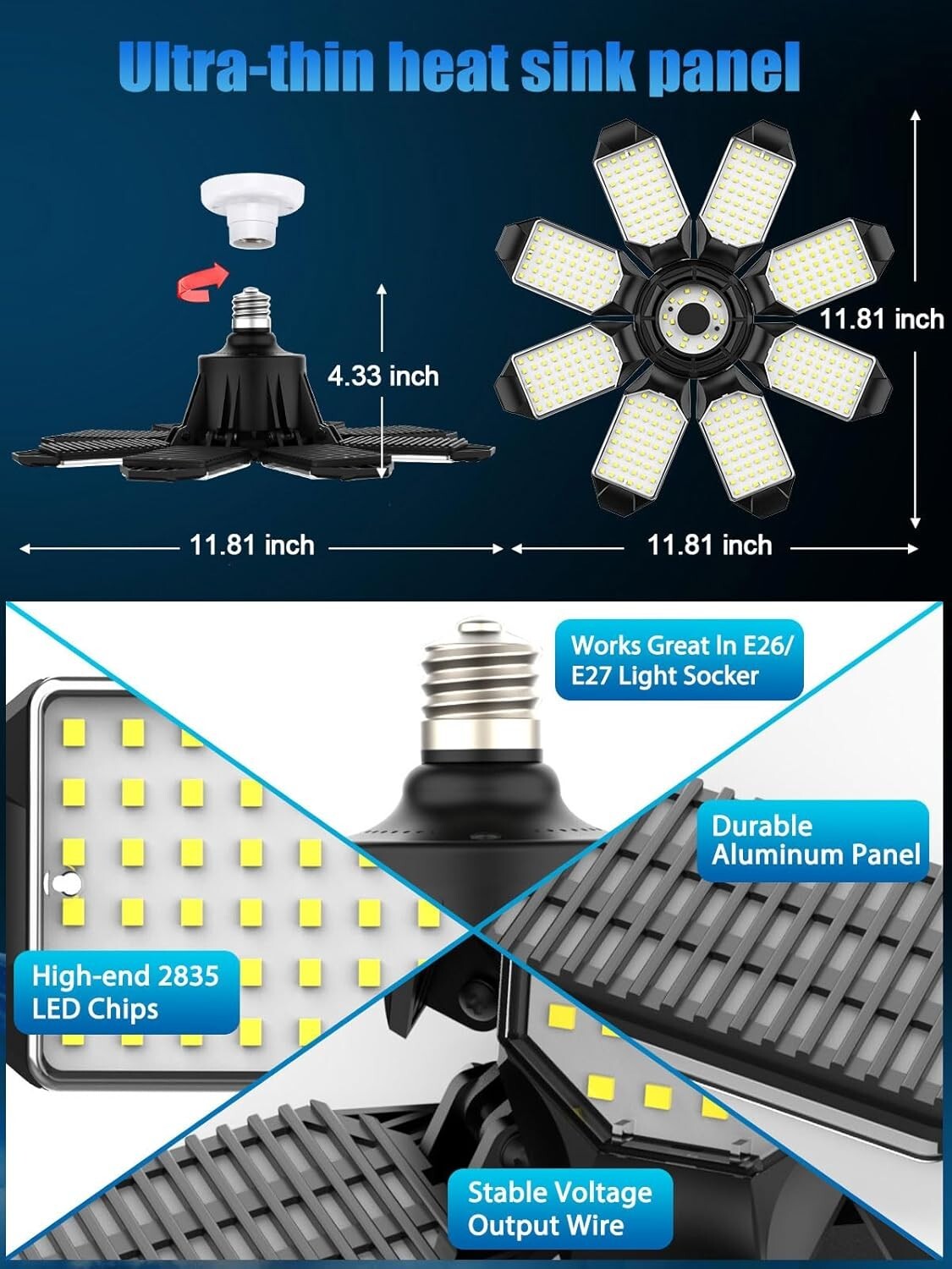 Dual Pack 260W Deformable LED Garage Light 52000LM for Adjustable Brightness