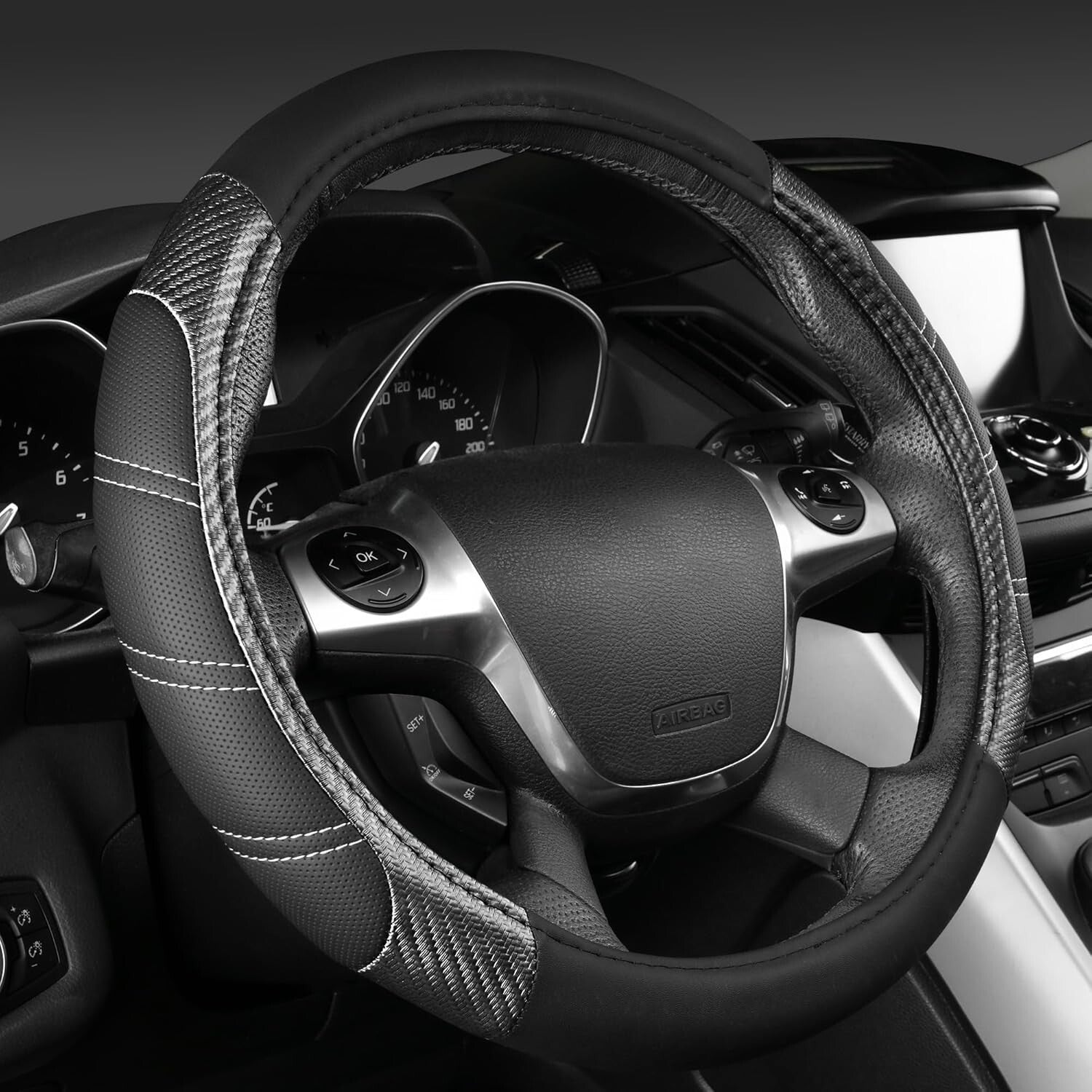 Carbon Fiber Black Steering Wheel Cover & Waterproof Car Mats for All Vehicles