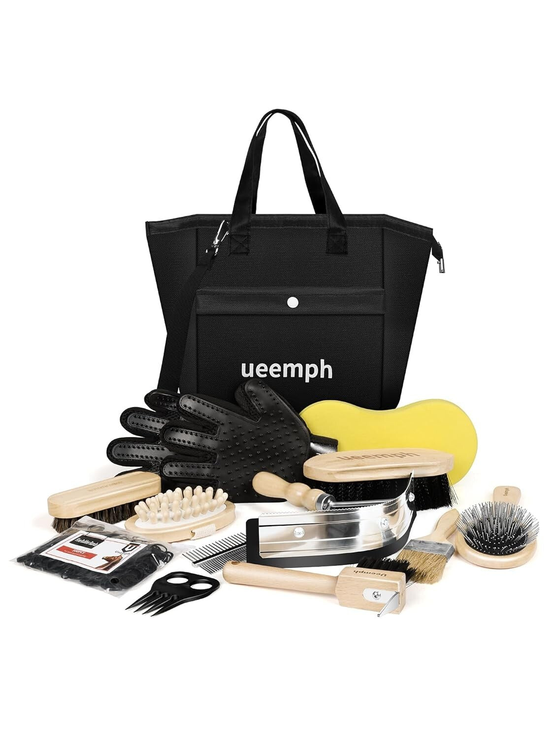 Durable Horse Grooming Set with Brushes, Gloves & Storage Tote - Black Edition