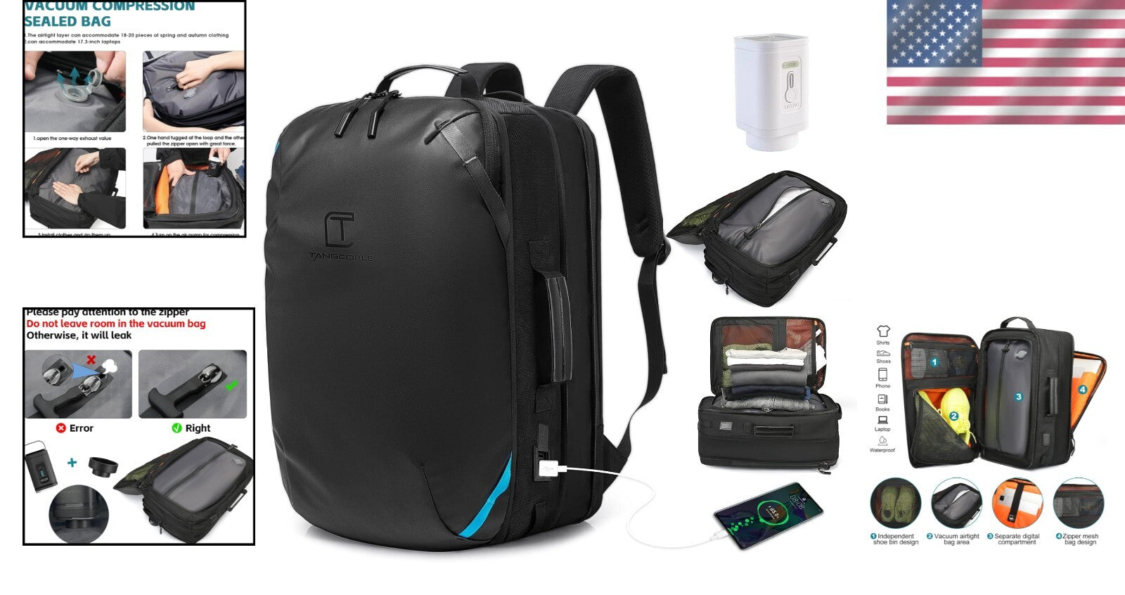 Durable Vacuum Compression Backpack with Water Resistance and USB Port - 45L