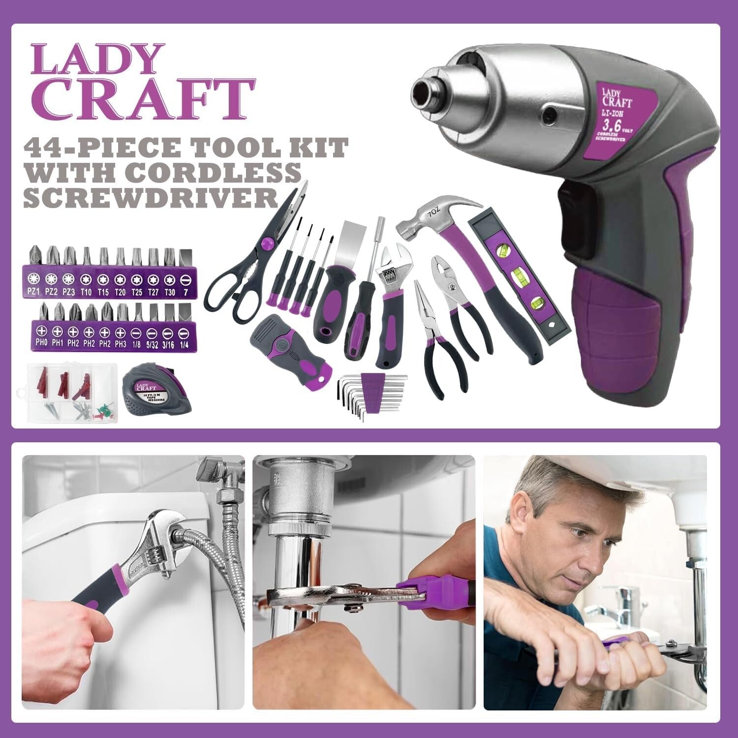 Elegant Pink 44-Piece Tool Set with Powerful Cordless Screwdriver - Gift-Ready