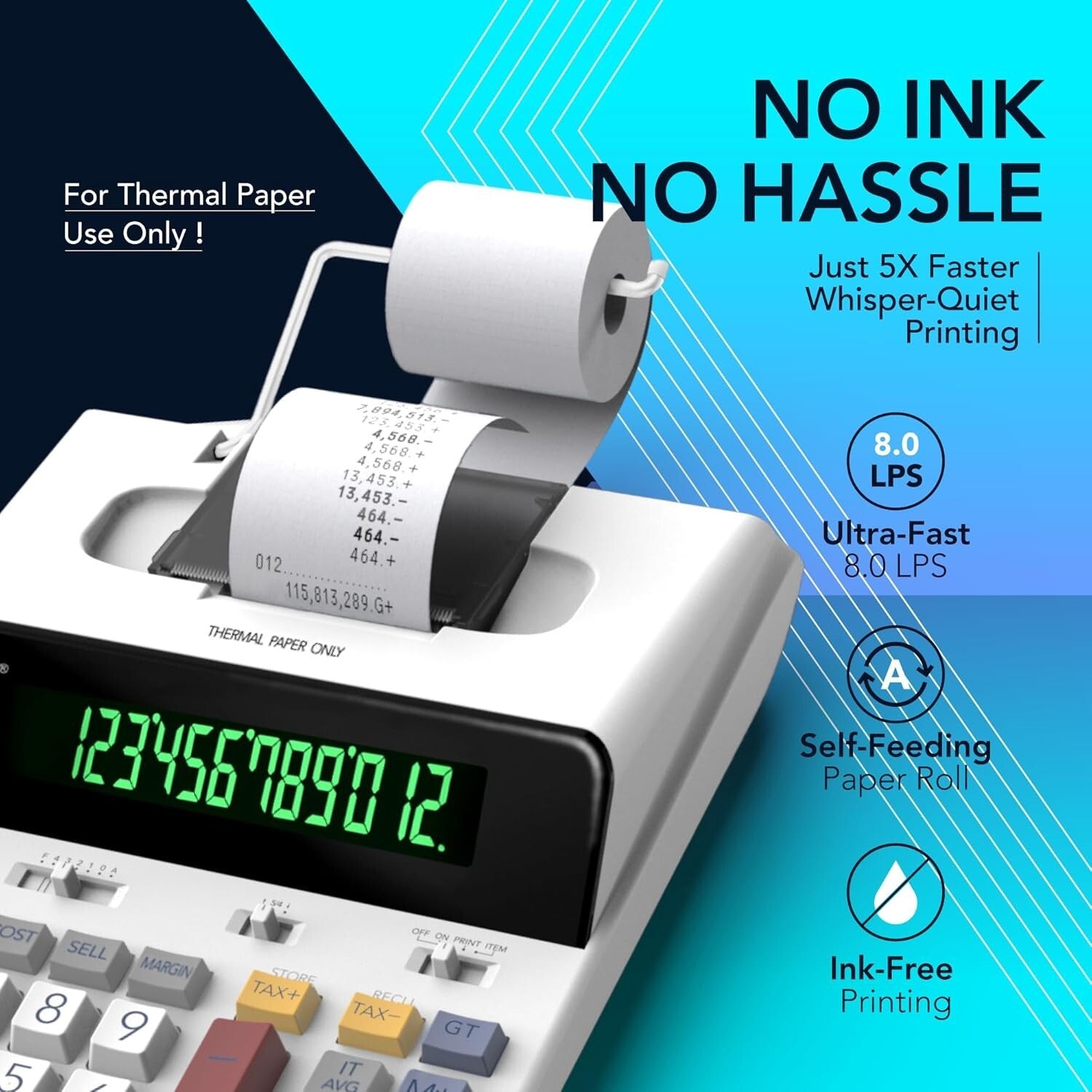 12-Digit Thermal Printing Calculator with Fast Tape Output & Fluorescent Display