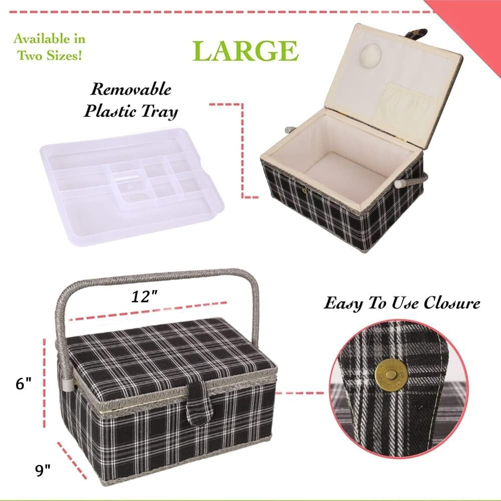 Classic Floral Sewing Basket - Lightweight Storage with Snap Closure & Tray