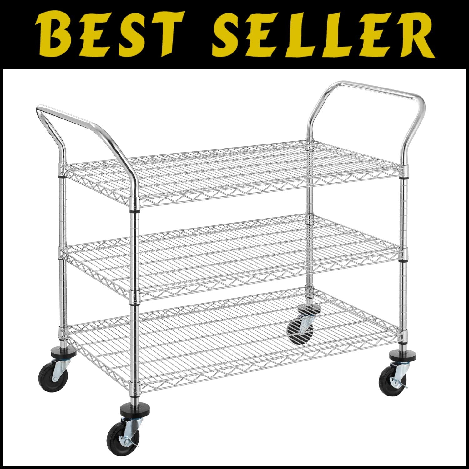 Commercial Grade Heavy Duty 3-Tier Utility Cart with Ergonomic Handles & Wheels