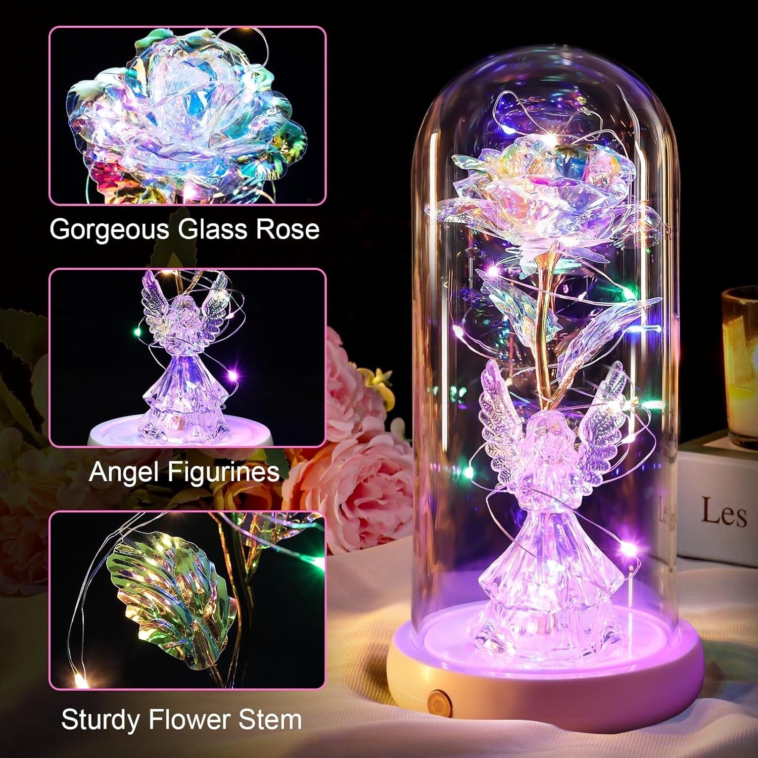Charming Preserved Rose and Angel Figurine in Glass Dome - Versatile Home Decor