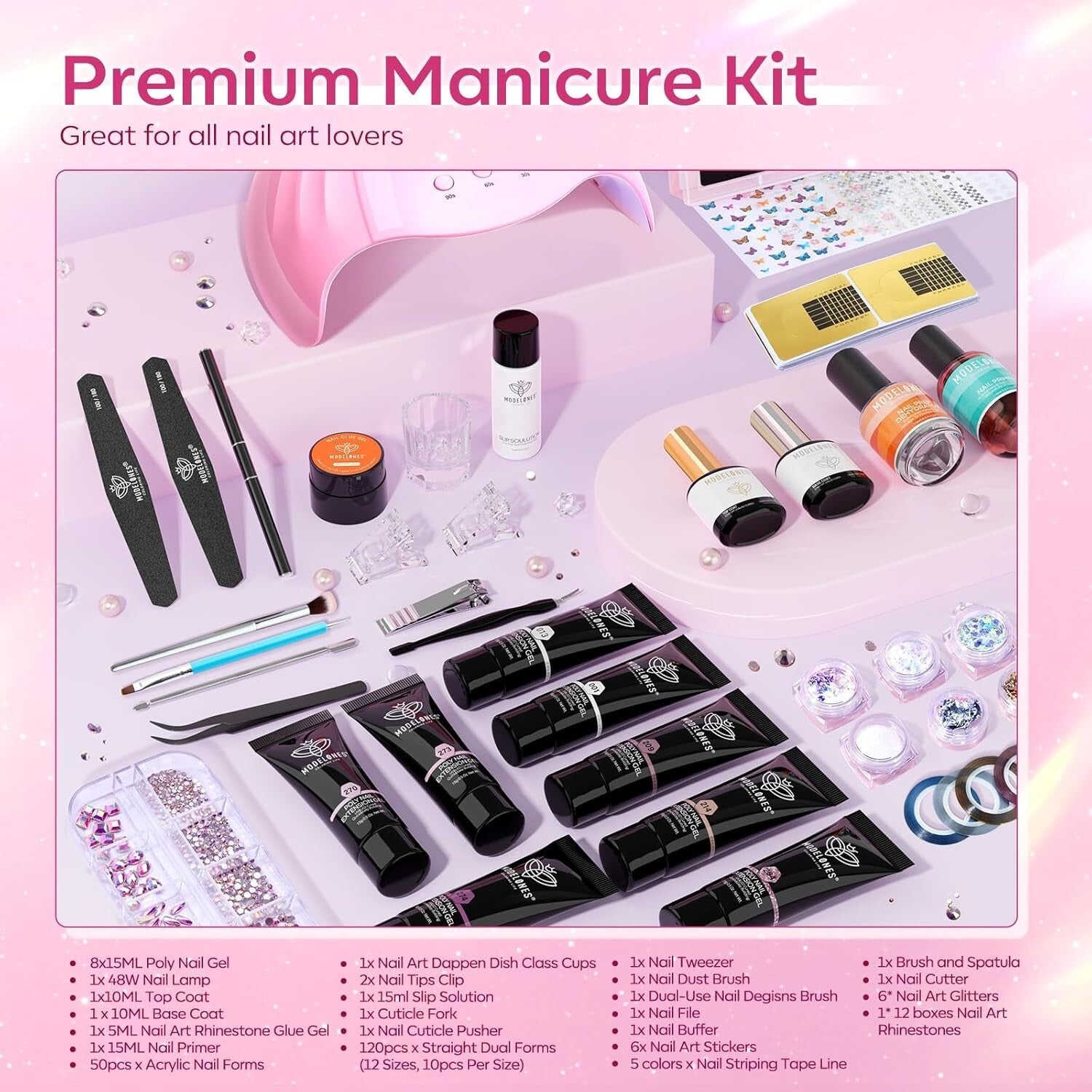 Complete 8 Rosy Pink Poly Nail Gel Kit with 48W UV/LED Lamp - Perfect Home Ma...