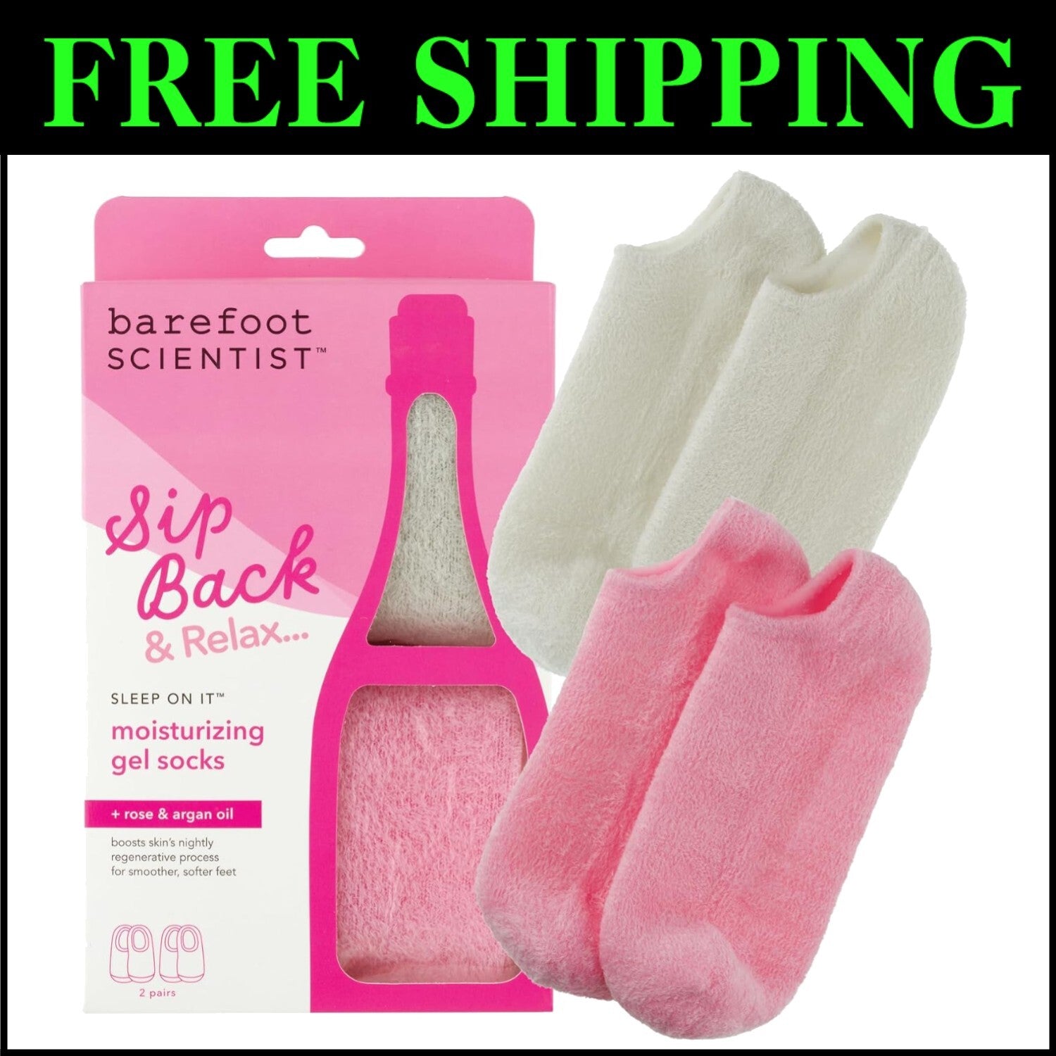 Hydrating Gel Socks 2-Pack for Overnight Moisturizing Therapy – Pink & White