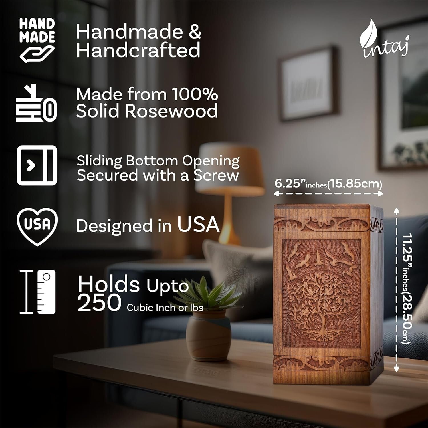Artisan-Crafted Wooden Urn for Ashes - 250 lbs Capacity with Sliding Opening