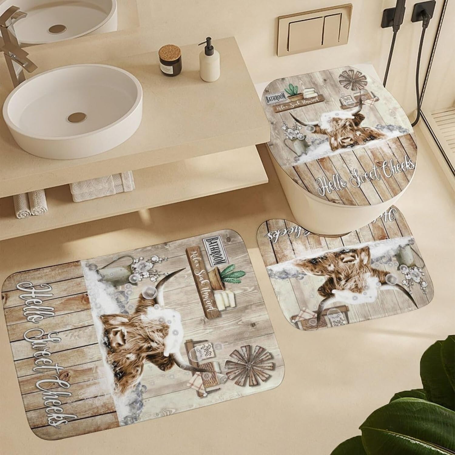 Funny Highland Cow Shower Curtain Set - 4-Piece with Non-Slip Bath Accessories