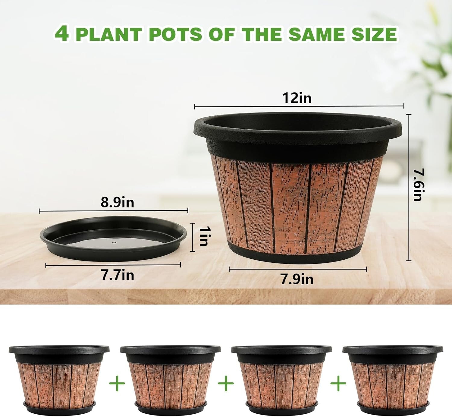 12-Inch Whiskey Barrel Plant Pots - Outdoor & Indoor Planters with Trays