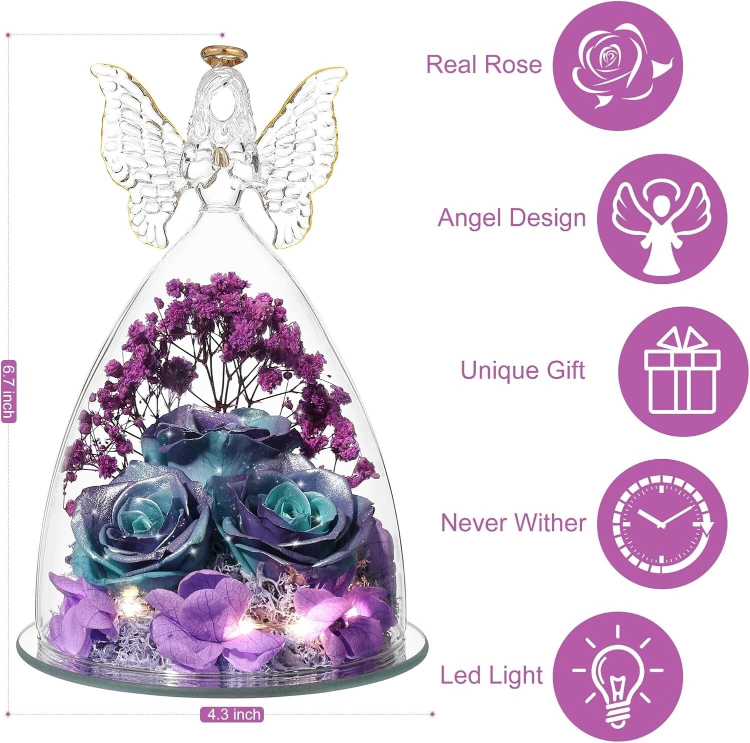 Eternal Roses in Glitter Blue-Purple Glass Angel Gift - Perfect for Mother's Day