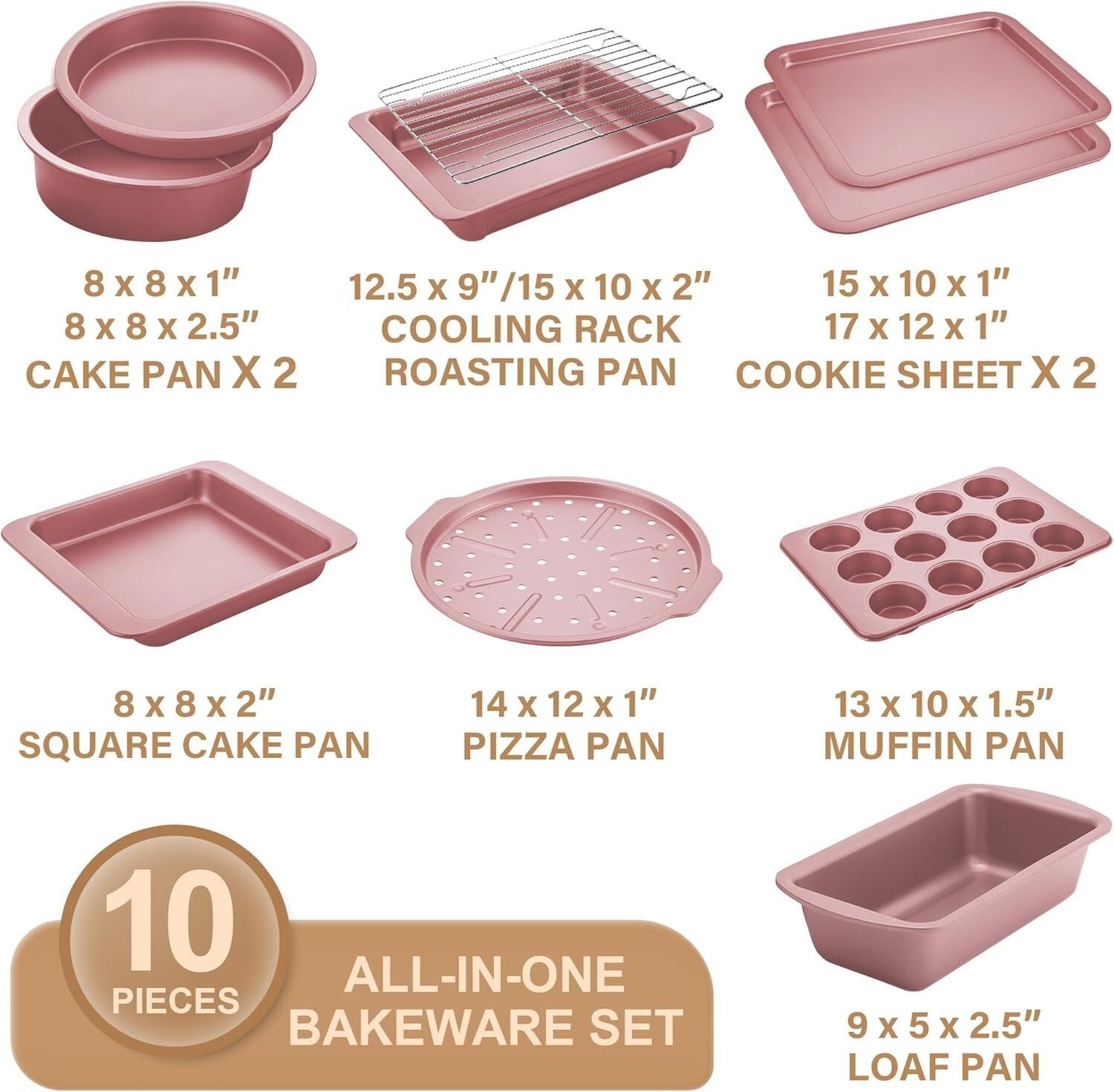 Durable 10-Piece Nonstick Baking Set - Safe, Stylish, and Stackable Pink Design