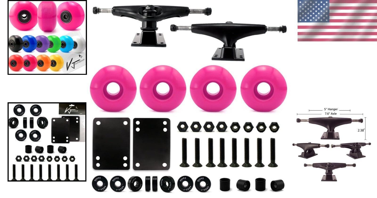 Complete 5.0 Skateboard Parts Kit: Trucks, 52mm Pink Wheels, ABEC 7 Bearings