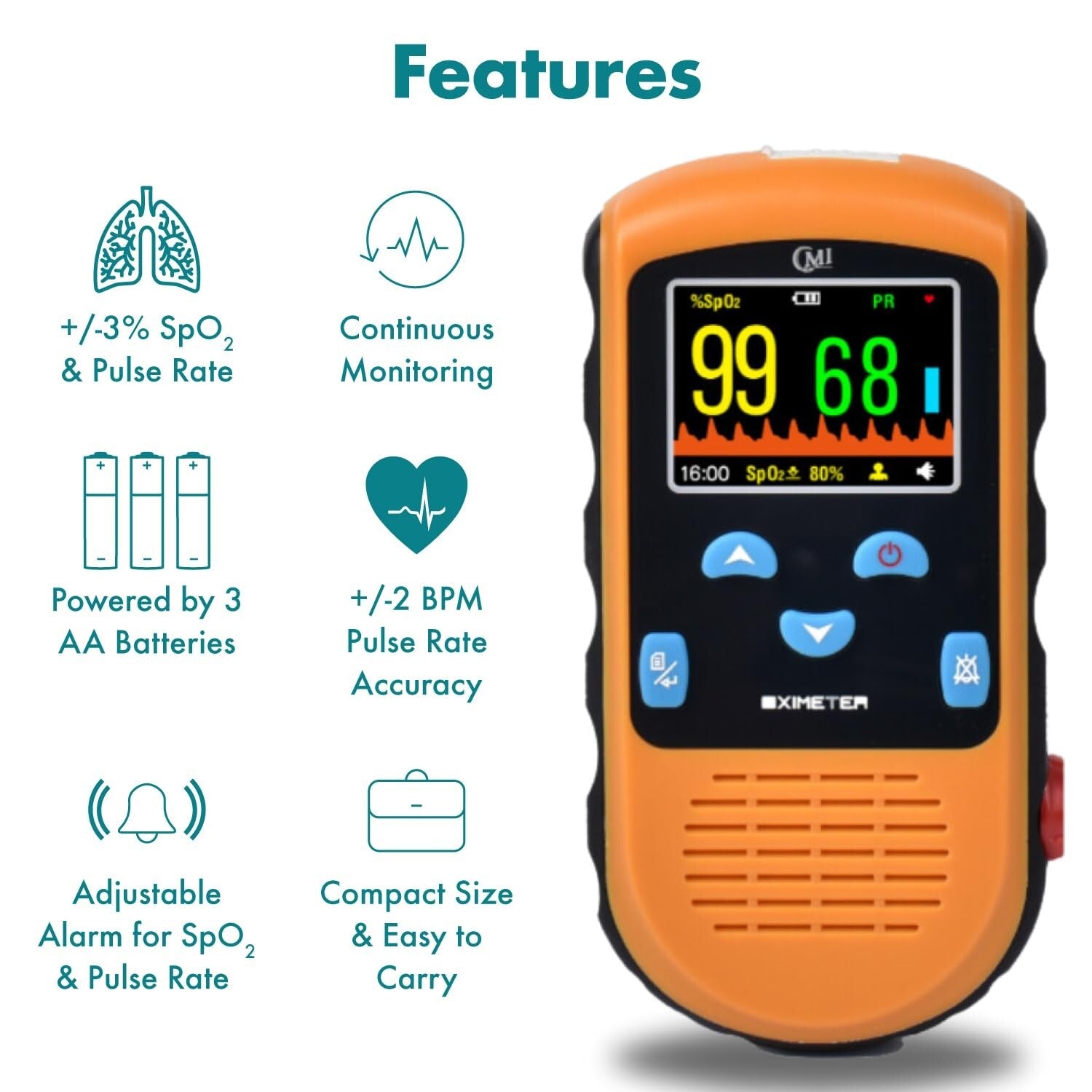 Battery Operated Pulse Oximeter for Infants & Adults - Adjustable Alarm & Case