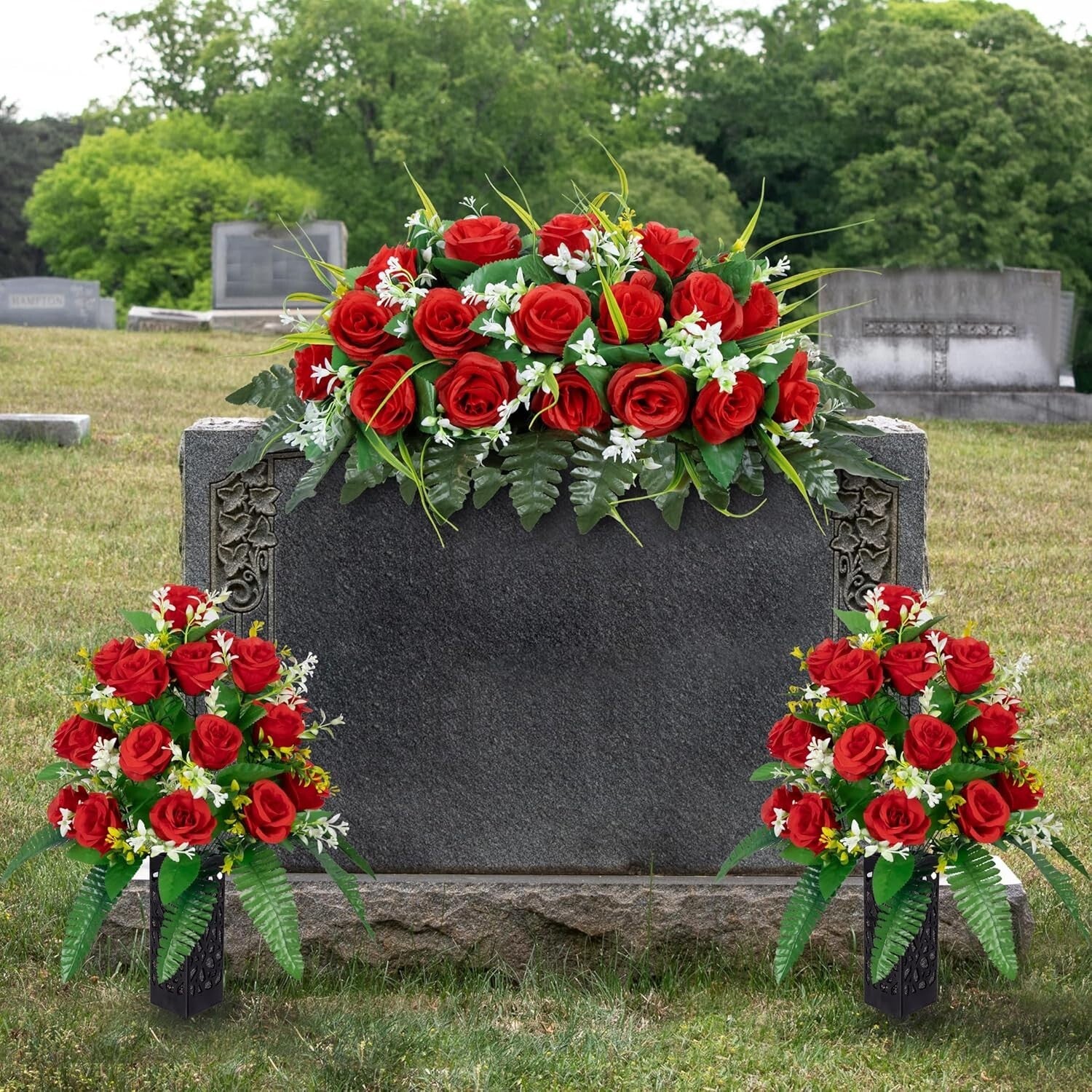 Elegant Red Silk Roses Cemetery Headstone Flower Saddle - All-Weather Decor