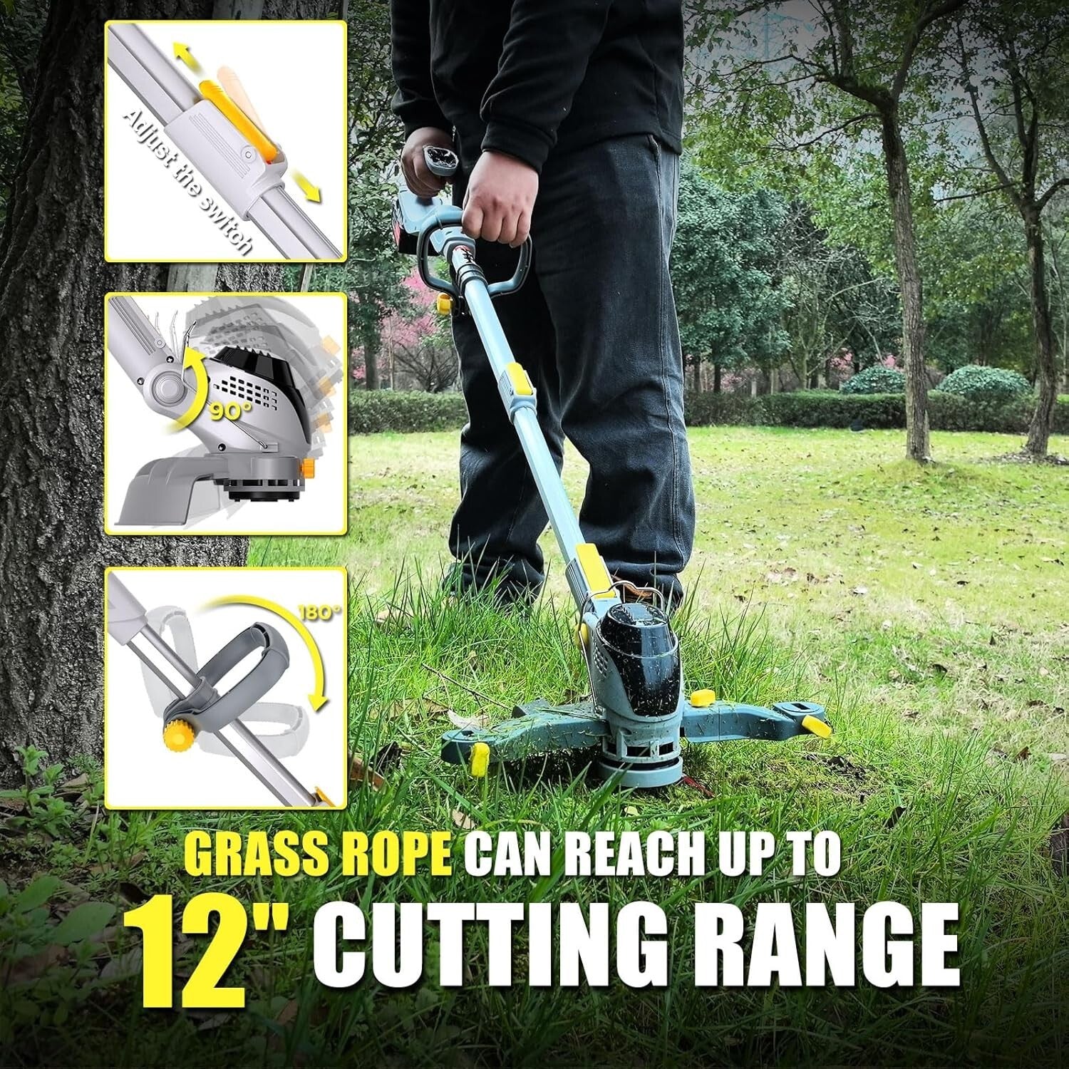 12-Inch Cordless String Trimmer & Edger with 3 Cutting Methods - Battery Powered