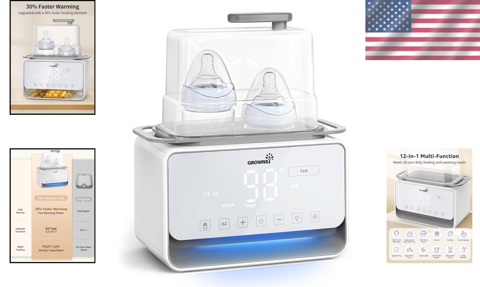 GROWSNY 12-in-1 Baby Bottle Warmer with Fast Steam & Night Light - Safe & Easy