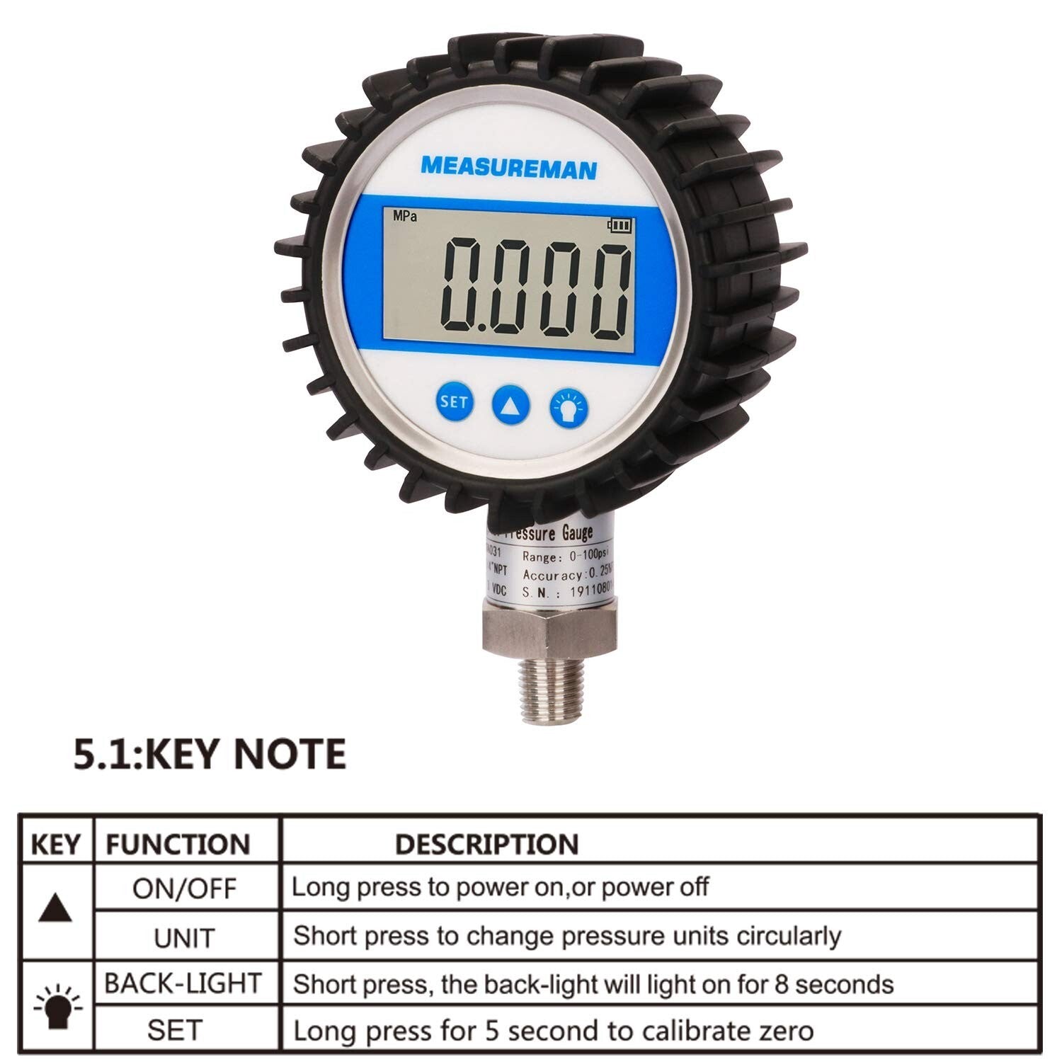 Digital Pressure Gauge 3-1/8" Dial, 0-10000psi, 0.25% Accuracy - Durable Design
