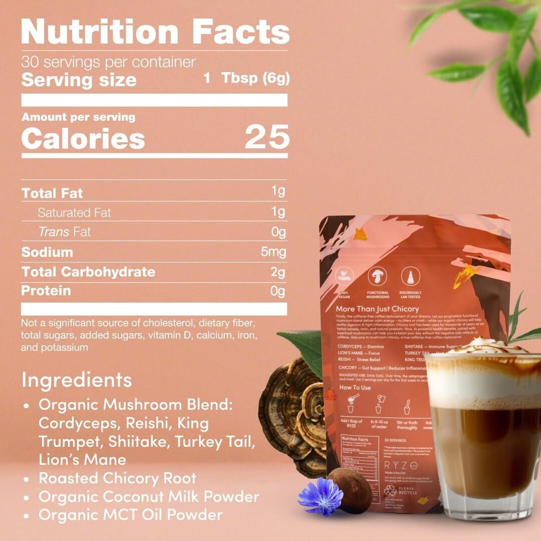 Organic Caffeine-Free RYZE Mushroom Chicory - 6 Adaptogens for Focus & Wellness