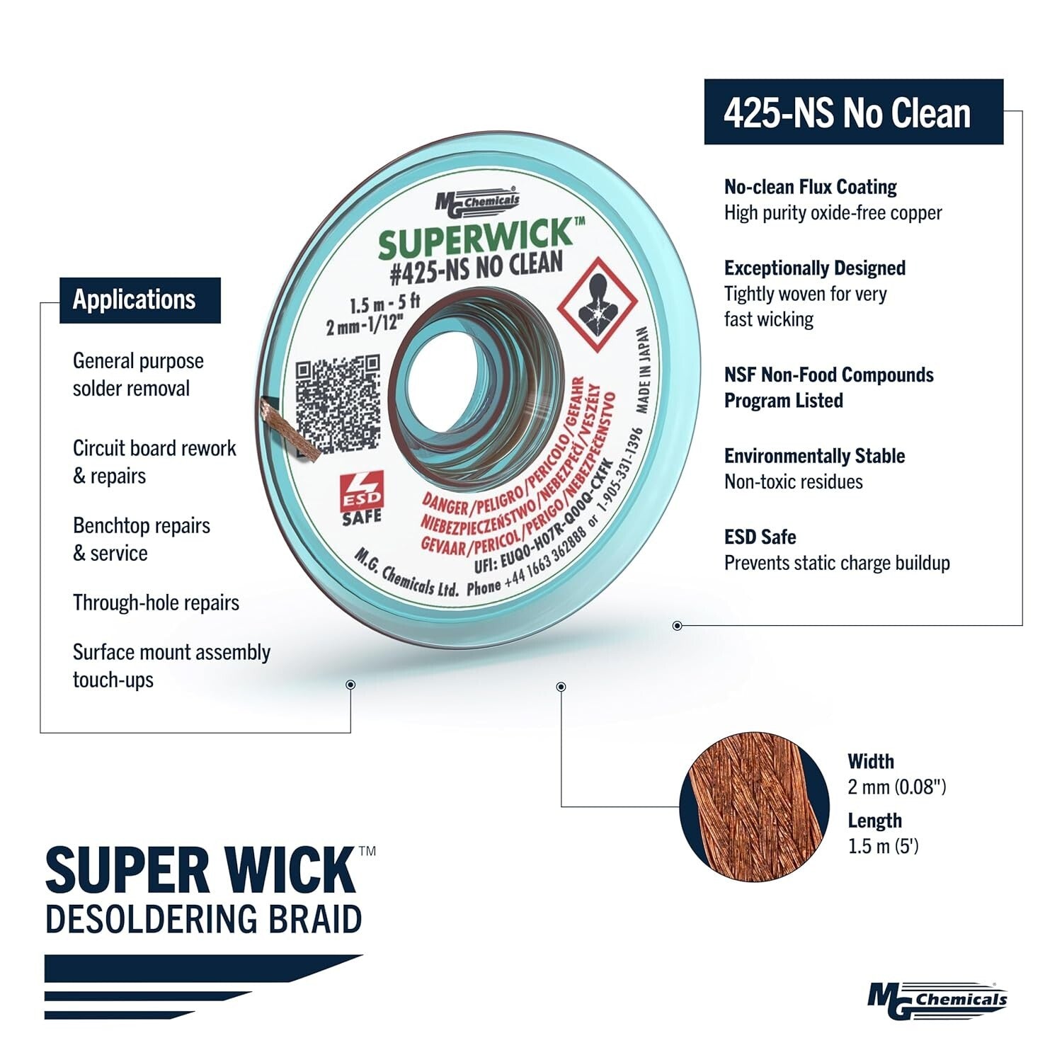 Environmentally Safe Desoldering Braid with RMA Flux - 5' Length, Set of 10