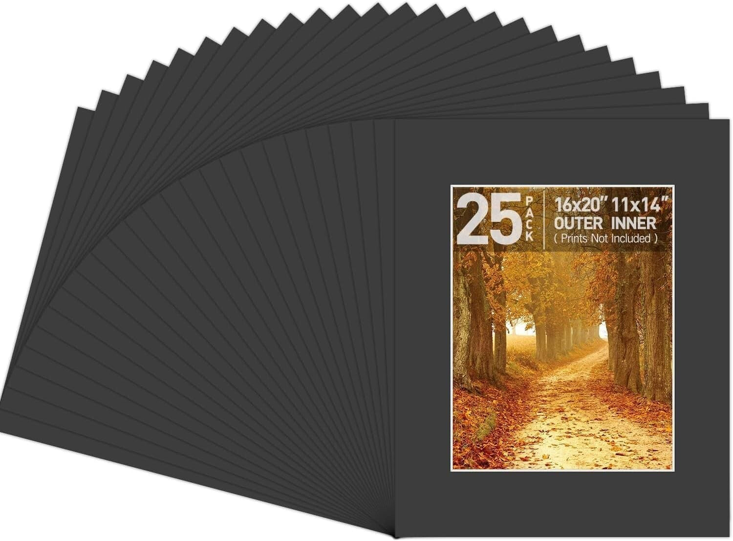 Elegant 16x20 Black Picture Mats with White Core - 25 Count for 11x14 Images