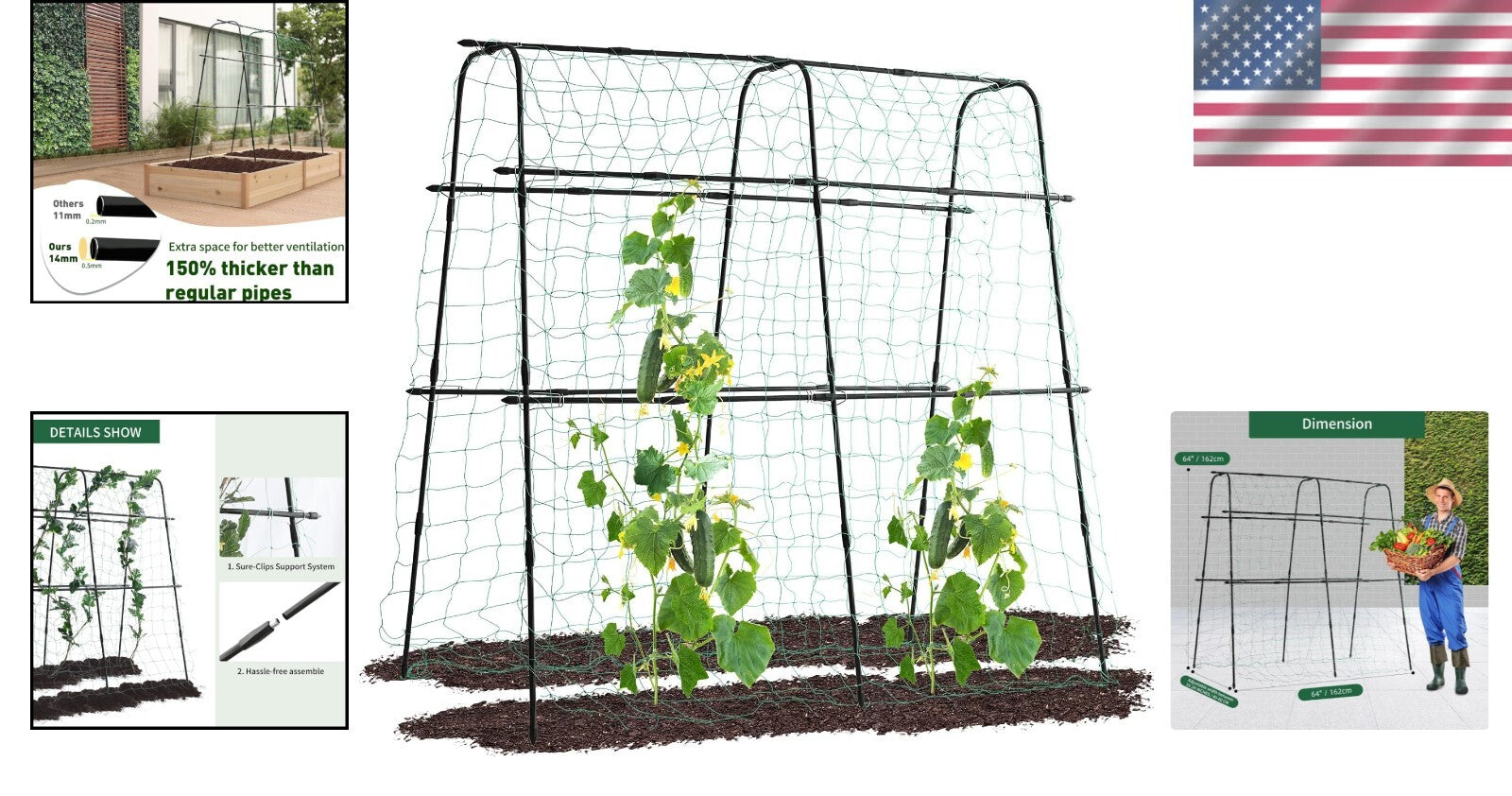 Elegant 5.3 FT Garden Cucumber Trellis with Easy Assembly - Supports Heavy Vines