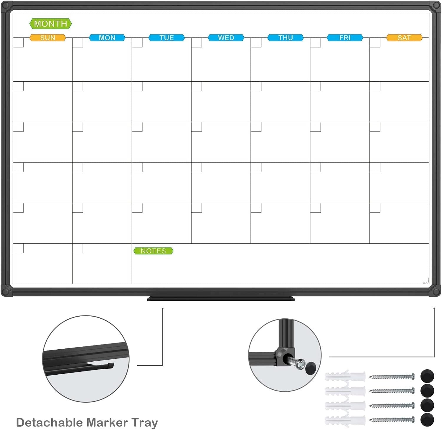 Elegant 36x24 Magnetic Whiteboard Calendar - Scratch-Resistant Aluminum Frame